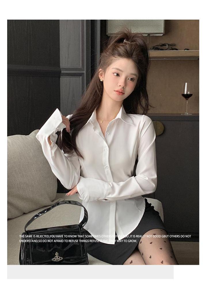 Spicy Girl Women's Slim Fit White Shirt - Chic, Waist-Cinching, Long Sleeve Cardigan for Spring and Autumn.