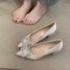 Spring French small fragrant wind pointed rhinestone shallow mouth soft leather middle heel shoes new thick heel single shoes children