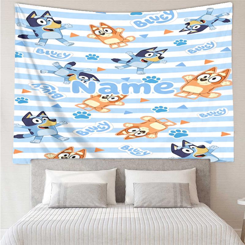 Custom Name Bluey Print Tapestry, Backdrop, Easy Setup, Ideal for Bedroom, Office & Living Room, with Aesthetic Wall Hanging Decor.