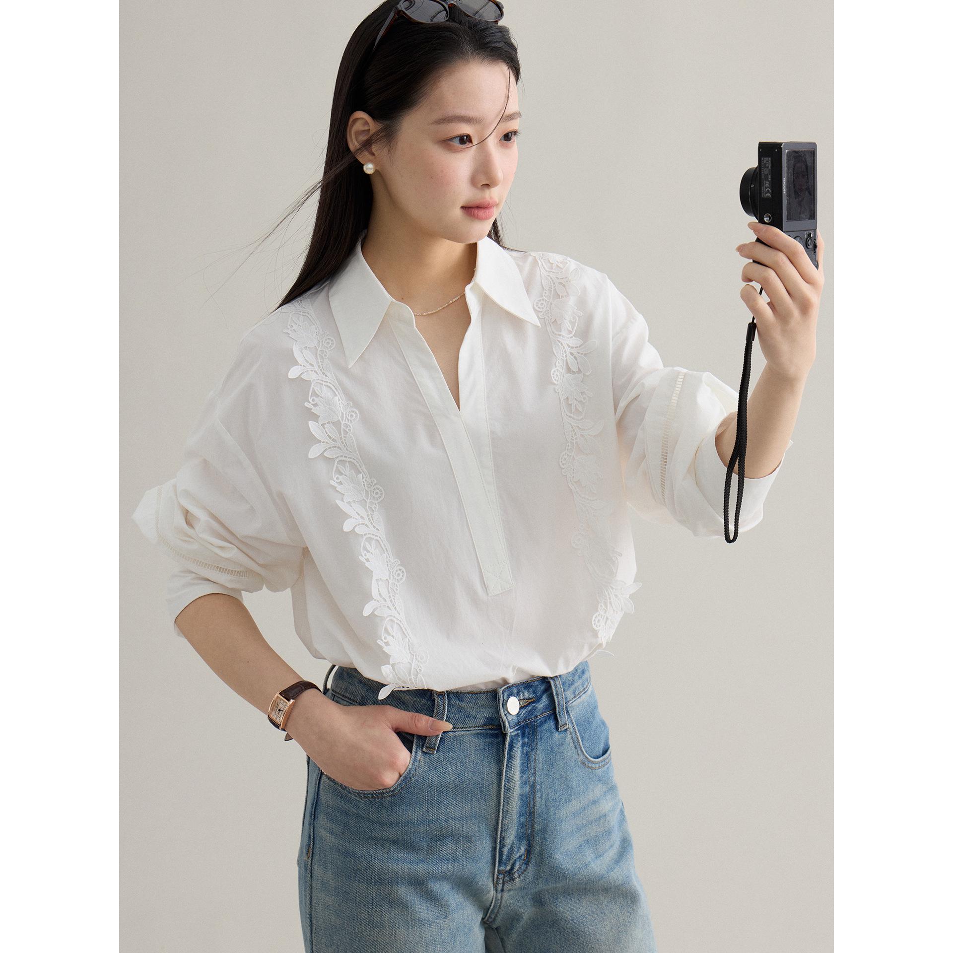 Ge Ming French Retro Embroidered White Lapel Shirt for Women - Spring 2026 One Size (85-135cm) жемчужина белый