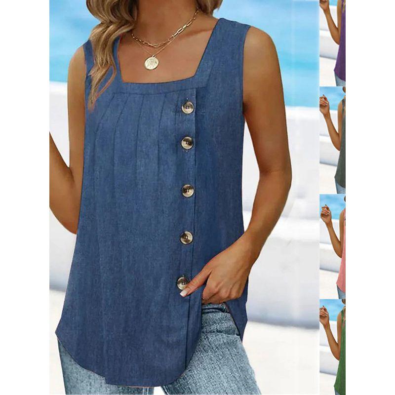 

Wrinkled Square Collar Button Vest Woman Ruched Square Collar Sleeveless Button Vest Pink XL