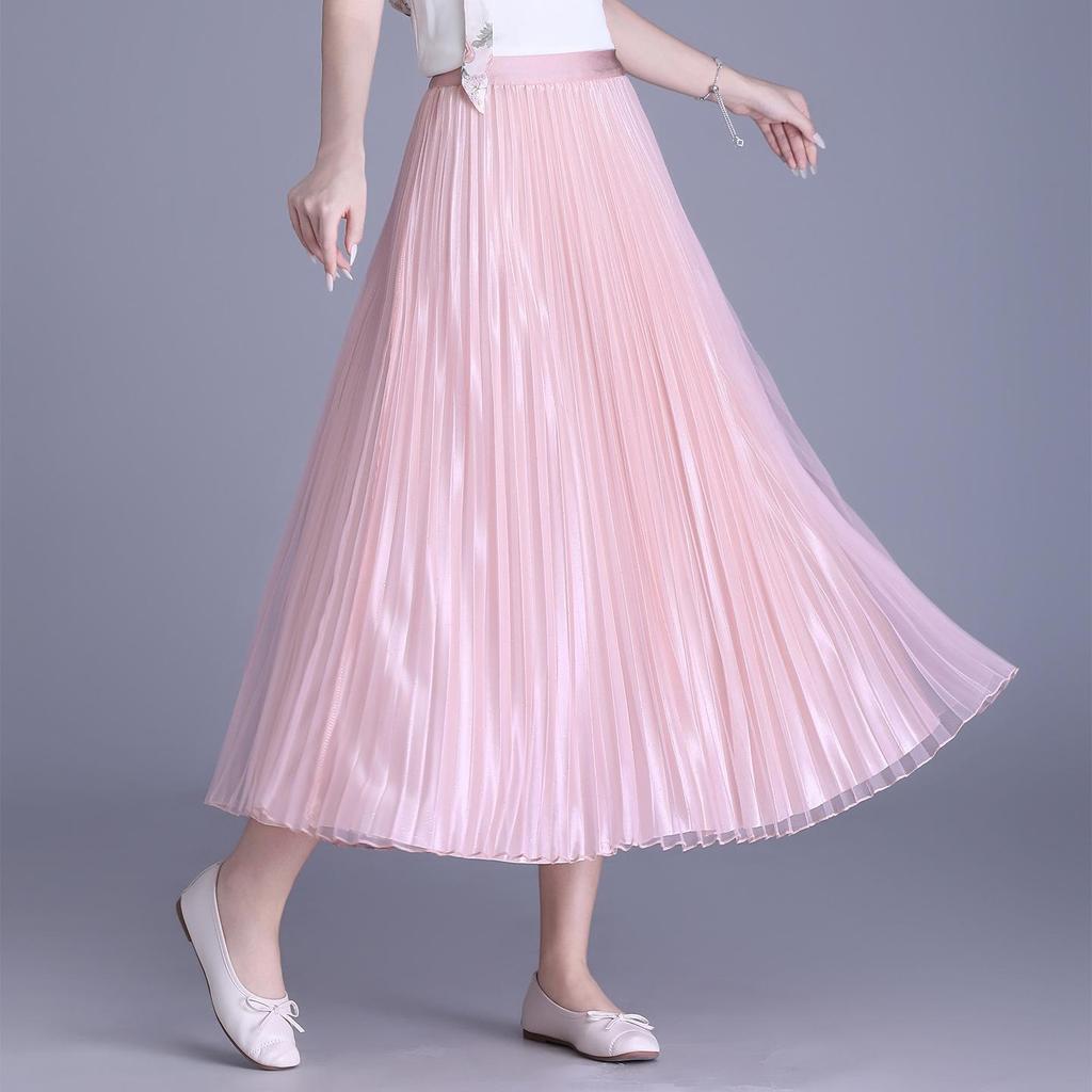 Solid Color High-Waisted Pleated Lurex Mesh Midi Skirt