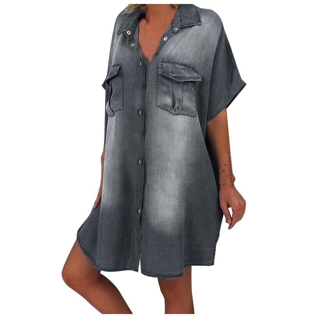 Women's Casual Shirt Dress Long Sleeve Loose Fit Single Breasted Patch Pocket Straight Cut Collared Shirt Dress