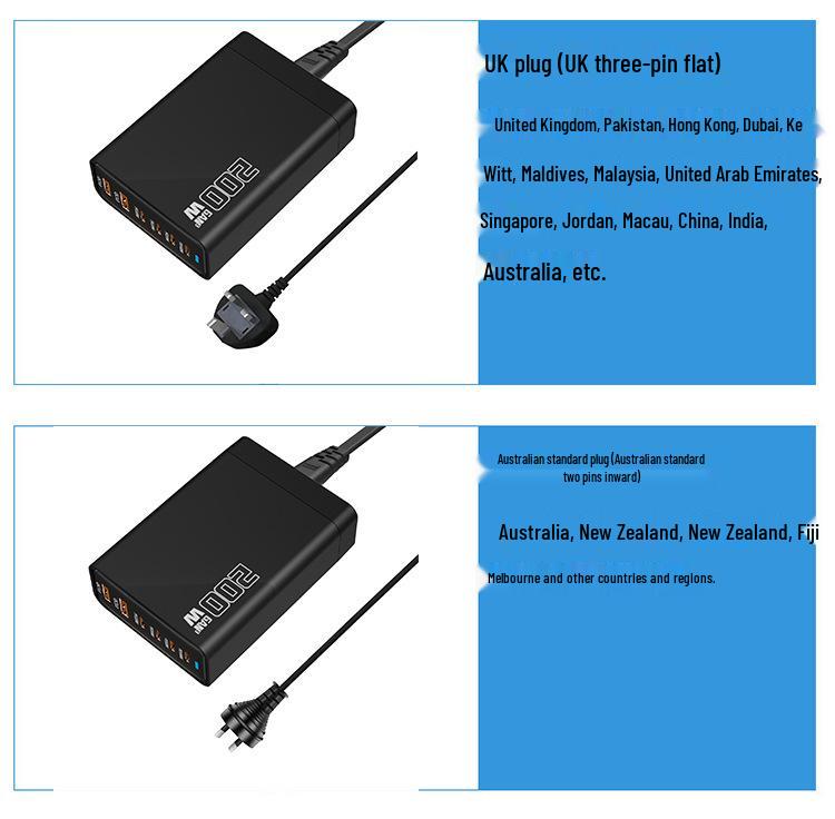 200W GaN Multi-Port Charger for Apple Laptops: 6-Port PD Fast Charging Plug