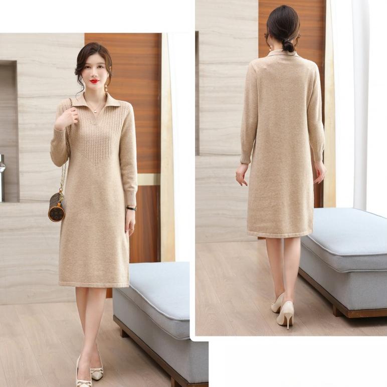Women's Knitted Dress Red Mid-length Sweater Dress Autumn and Winter Pure Color Casual Knitted Shirt