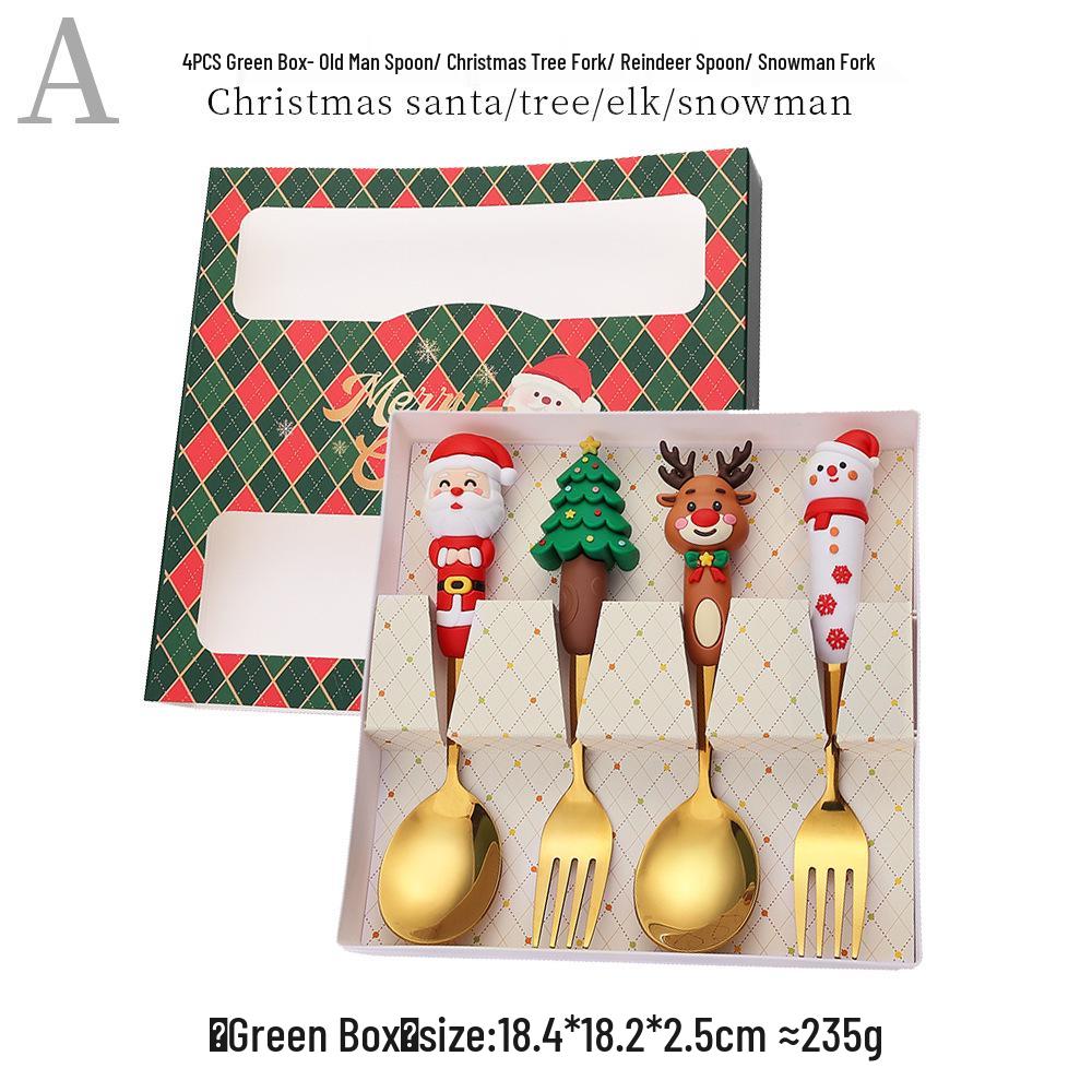 Reindeer Cartoon Christmas Spoon & Fork Set - Cute Stainless Steel Gift in Color Box