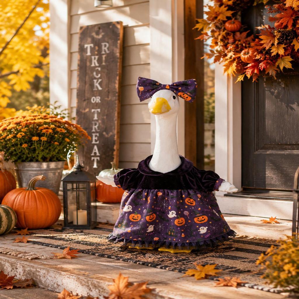 Velvet Halloween Dress and Bow Set for Small Pets Creative Printed Costume Outfit Suitable for Porch Goose and Small Animals