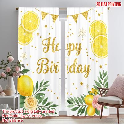 2pcs 2D Flat Printing Curtains Happy Birthday Lemon Party Fabric Without Electricity Festive Holiday for All Season Celebrations