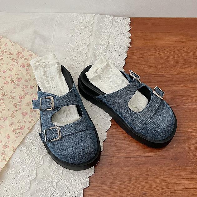 

МОДНЫЕ ковбойские синие женские тапочки-полубаотоу, женская летняя обувь на толстой подошве, верхняя одежда, шлепанцы без шнуровки с пряжкой в ​​стиле ретро 35 синий