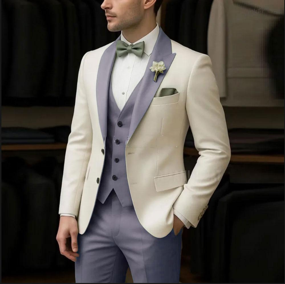 Ivory Men's Suit  3 Pieces Blazer Light Green Vest Pants Wedding Tuxedos Formal Male Suit for Wedding Groomsmen Prom