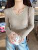 Fashion V Neck Lace Splice Knitted Bottoming Shirt Women's Elegant Casual New Slim Fitting Top Elegant Solid Color Sweet Long Sleeve Clothing