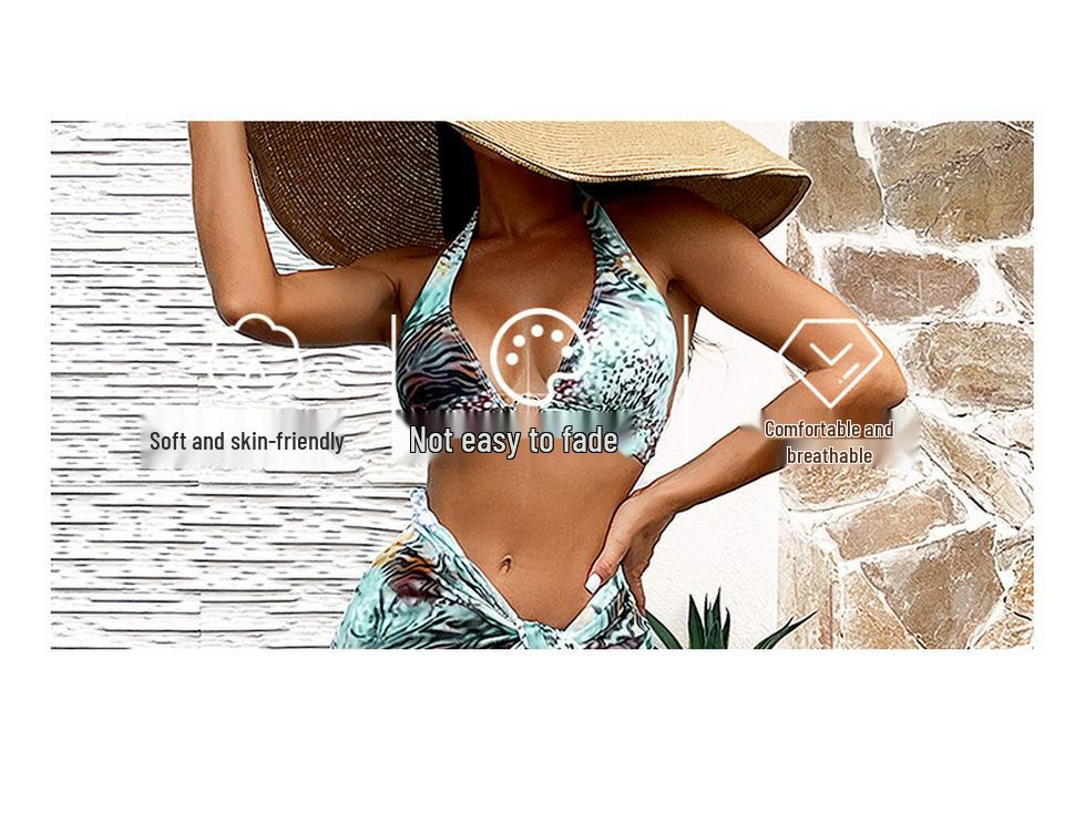 2024 Hot Girl Print Three-Piece Bikini Set with Yarn Skirt - Sexy Backless Design