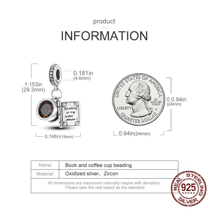 Dangle Charm 925 Sliver Coffee Cup Reading Book Charm Beads Fit Brand Bracelet Charm Charms Jewelry Gift