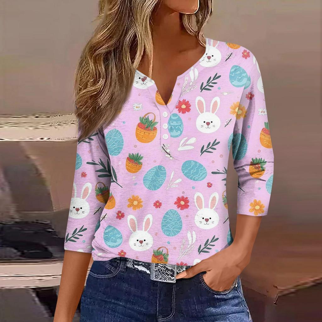 Women's Fashion Casual Easter Printed V-neck Short Sleeve Decorative Button Seven Sleeve T-shirt Top