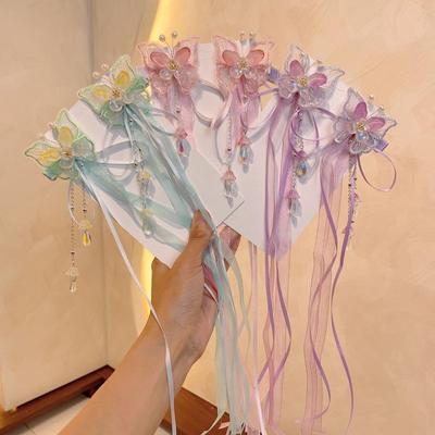 Little Girl's Ribbon Hanfu Headdress: Chinese Style Butterfly Tassel Hairpin for Children.