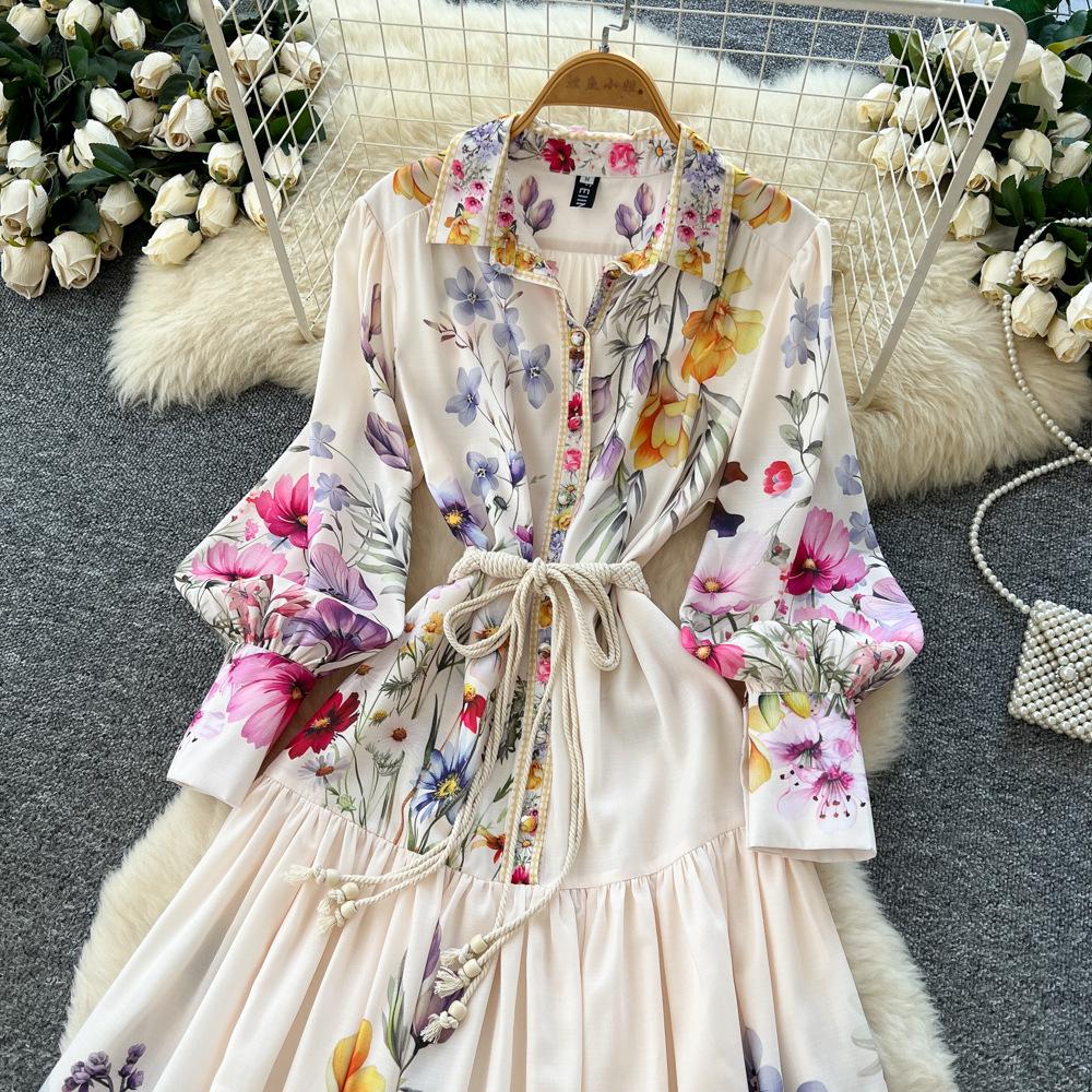 French retro elegant fashion printed dress women's autumn dress court style strap waist single-breasted pendulum dress