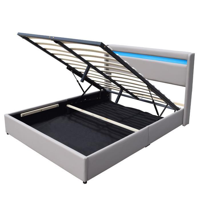 Lit coffre 140x200 - KING OF DREAMS - Dehoussable - Tête de lit LED - Montage rapide - PVC simili