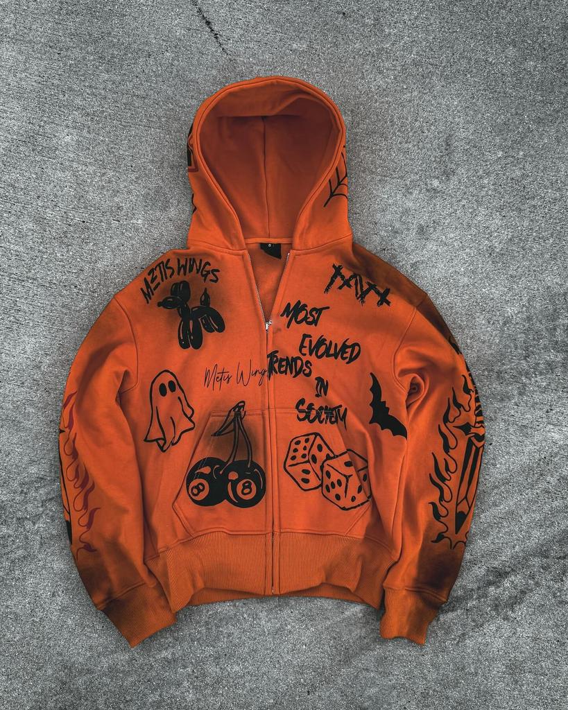 European and American street retro funny ghost print loose zipper long sleeve hoodie sweater