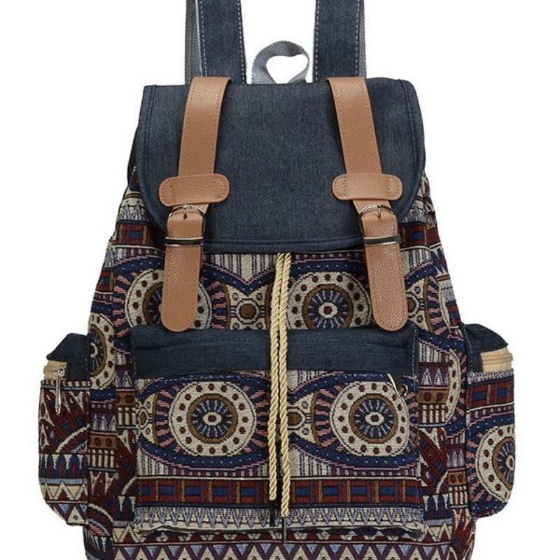 Pattern casual bag denim contrasting color women's large-capacity backpack