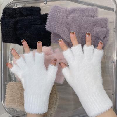 Warm Touch Half-Finger Plush Gloves Solid Color Soft Gloves Touch Screen Compatible for Outdoor Winter Sports Birthday Gifts