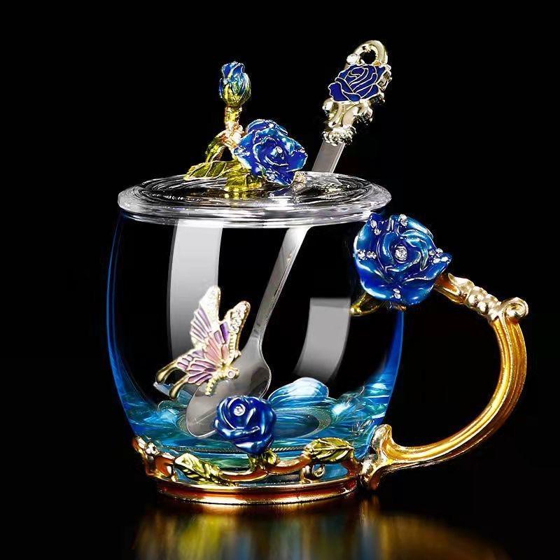 Uropean Enamel Rose Glass Cup Set with Hand-Carved Floral Design – Vintage Luxury Coffee & Tea Cups
