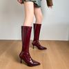 2025 Frühling und Herbst neue Stiefel Damen Langschaftstiefel spitze Zehenpartie dünner Absatz hoher Absatz dünne Stiefel Wadenumfang hohe Stiefel bordeauxrot