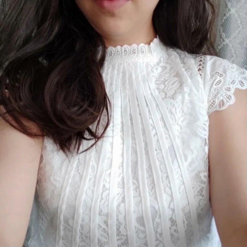 Bluze casual de vară, solide, pentru femei, cu mâneci petale, cu dantelă florală, bluze din șifon dulce, cu gâtul în formă de O, cămăși scurte elegante