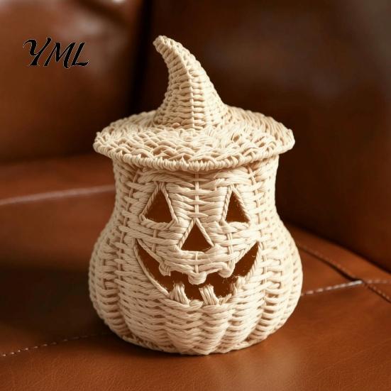 Rustic Fall Aesthetic Halloween Pumpkin Lantern Tabletop Decor, Woven Witch Hat Candy Bowl & LED Gothic Home Decor Prop, Centerpiece for Shelf Mantel