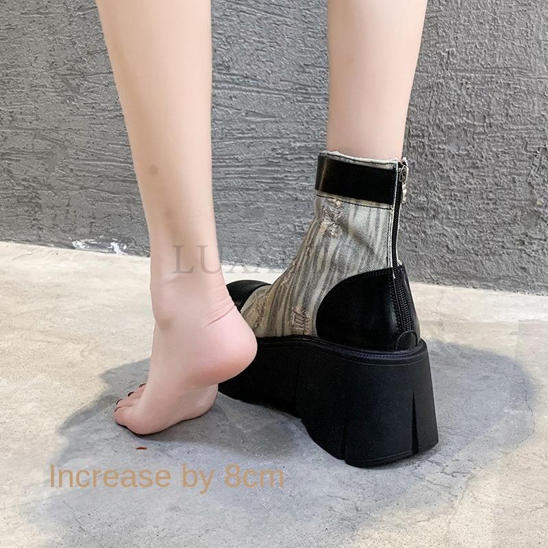 fashion Genuine Leather Denim Booties Autumn Spring Women Motorcycle Ankle Boots Platform Fashion Mid Calf Thick Heels Shoes