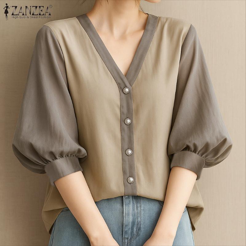 

ZANZEA Women Summer V-Neck Loose 3/4 Sleeve Casual Blouse S хаки