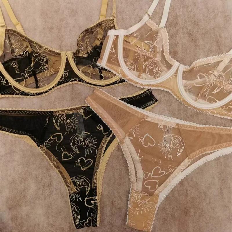 Set de lenjerie de corp cu broderie din dantelă franțuzească pentru femei Set sutien push up ultrasubțire și respirabil Lenjerie de lux Sutien și tanga romantice