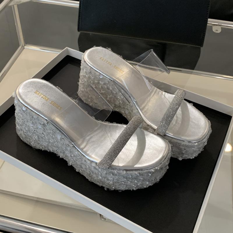 

Weaving holiday slippers women s summer transparent word belt simple fashion large size wedge heel thick bottom high heel slippers cool slippers 35 срібний