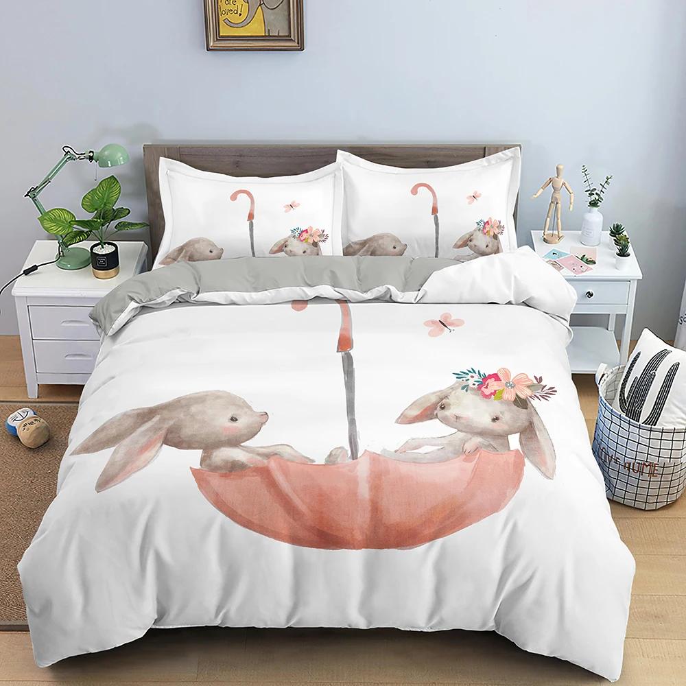 Children Cute Cartoon Bunny Printing Duvet Cover for Kids Girls Boys Rabbit Takes Balloon White Duvet Cover Bedroom Decorations
