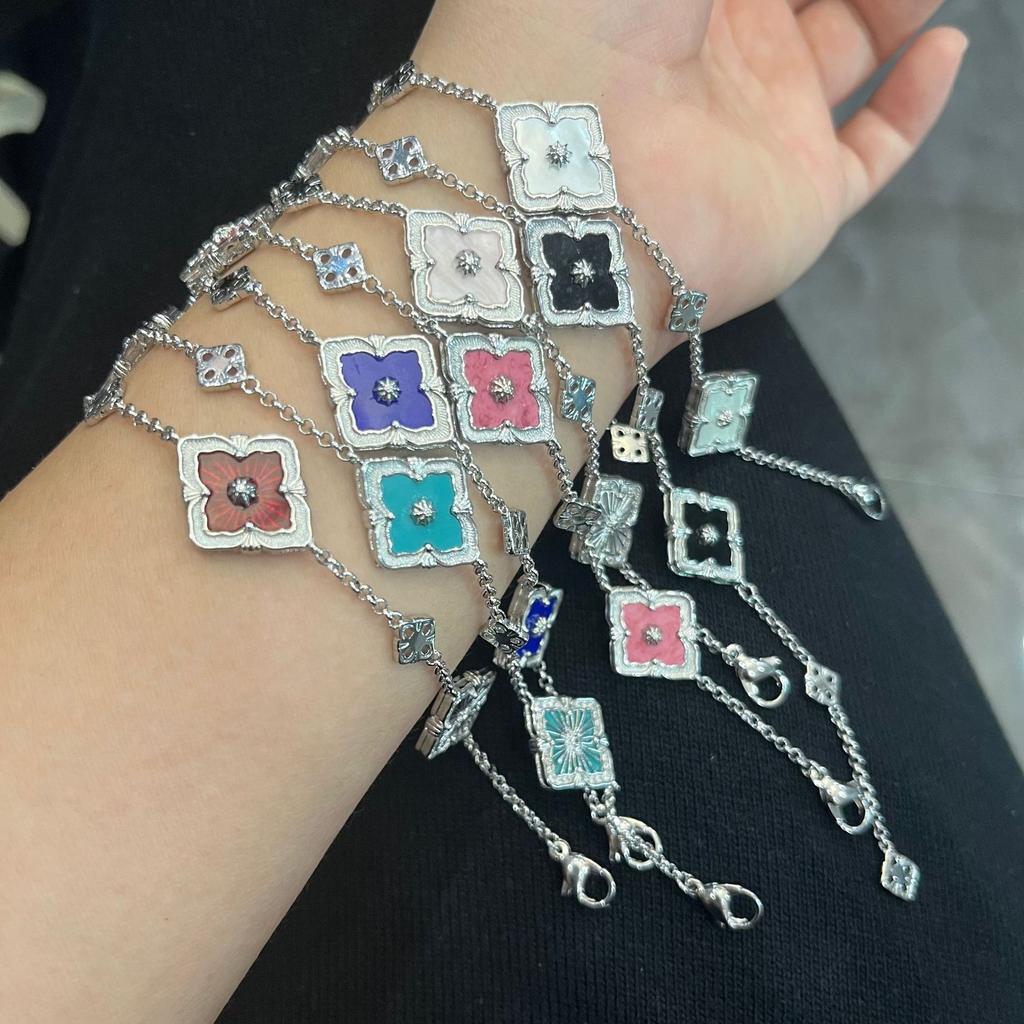 Italian Brushed Craft Cloth Qi Latti Four-Leaf Clover Bracelet Women'S Retro Natural White Fritillary Three-Flower Bracelet Jewelry