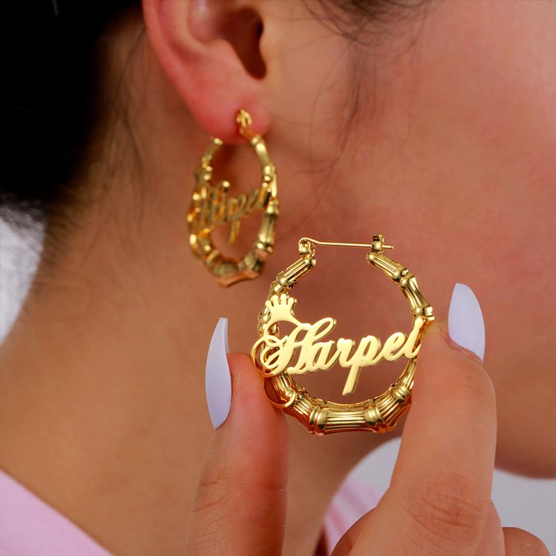 Fashion Earring Jeweley Stainless Steel 18K Gold Plated Bamboo Custom Letter Name Big Large Hoop Earrings for Women