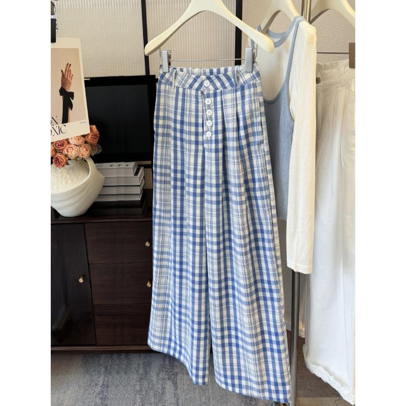 

Blue plaid wide-leg pants women s summer new high-waisted drape straight loose lazy casual floor pants S светло-синий