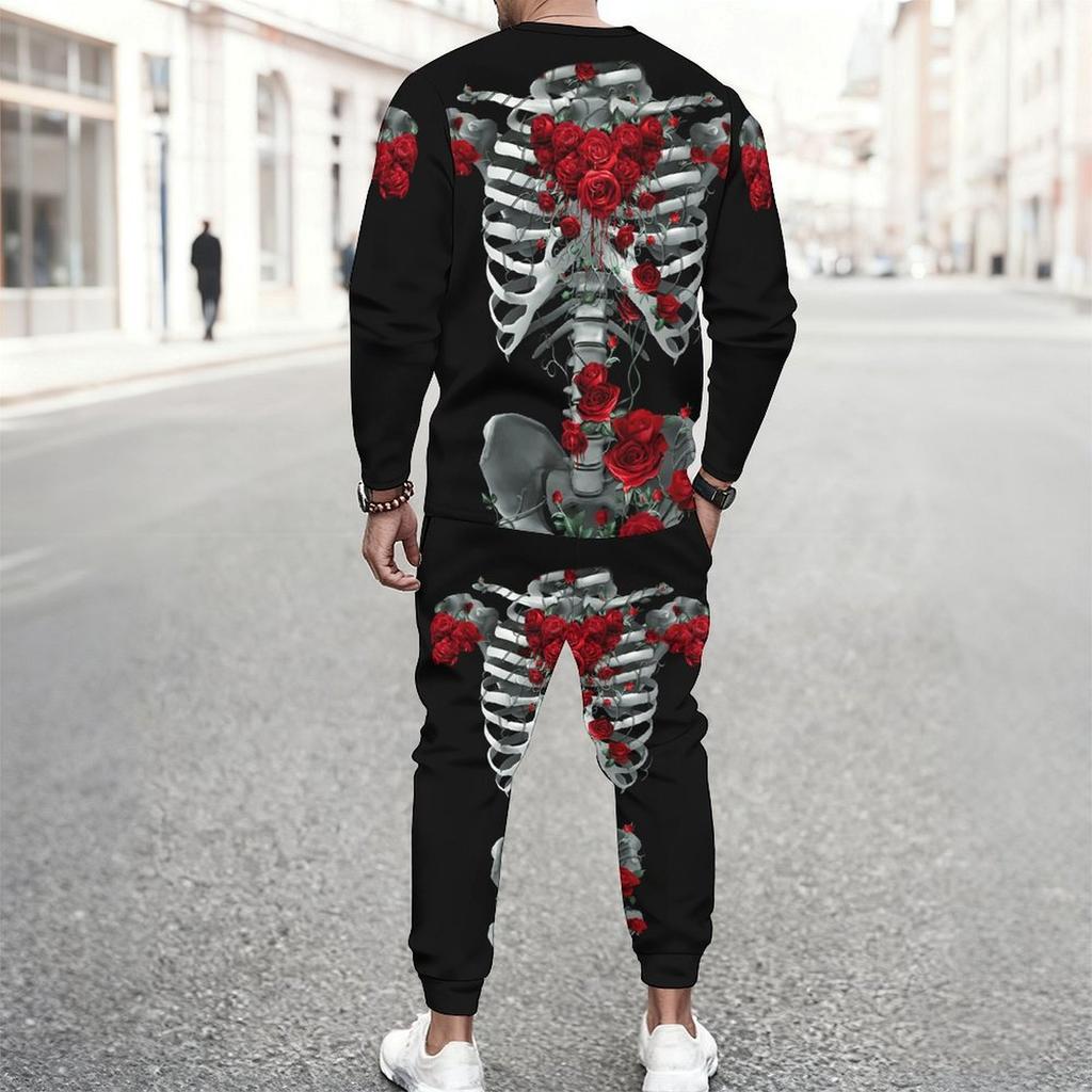 Men Contrast Panel Rose And Skull Art Print Long Sleeve Sweatshirt Jogger Pants Two Piece Suit