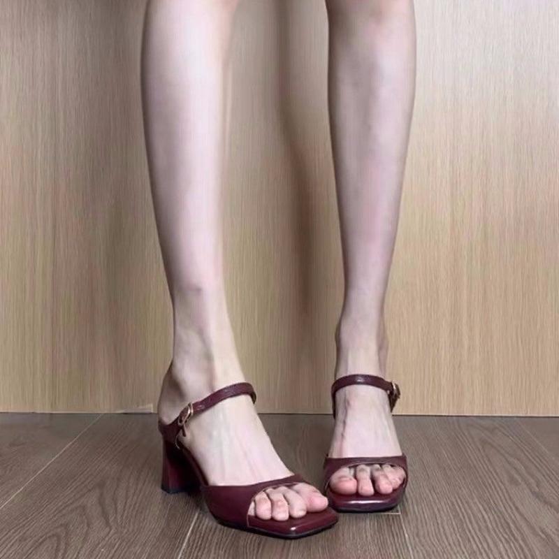 

Fashion 2025 New Sexy Women High Heels Sandals Shoes Party Square Open Toe Fashion Sheepskin Shoes Woman Summer Dress Size 35 красный