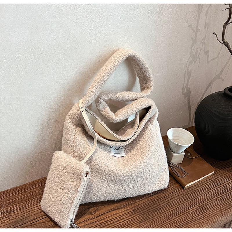 

Niche thickened plush mother and child bag shoulder bag large capacity portable tote bag shopping bag women s bag абрикосовый