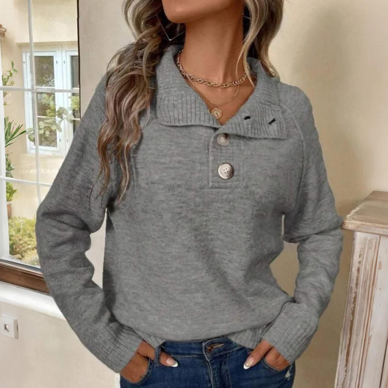 

Ladies Casual Stand Up Collar Knitted Sweater, Solid Color Button Casual Loose Sweater L