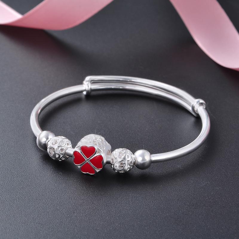 S990 Silver Bracelet Women's Korean Edition Minimalist Red Dropped Oil Clover Bracelet Fashion Hand Decoration Foot Silver Bracelet