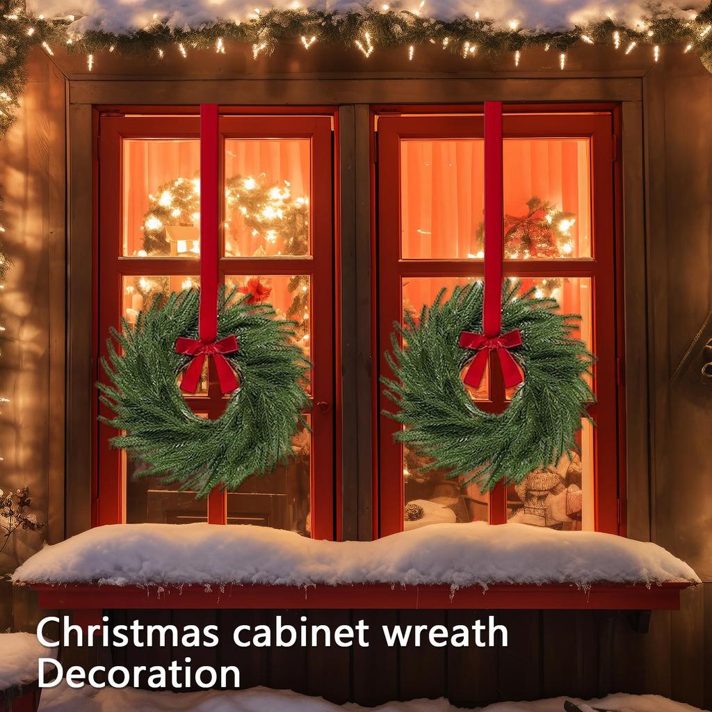 Christmas Kitchen Cabinet Wreaths With Plaid Bow Ribbon Hanging Cabinet Doors Wreaths Decorative For Kitchen Window Outdoor Indoor Holiday Decor