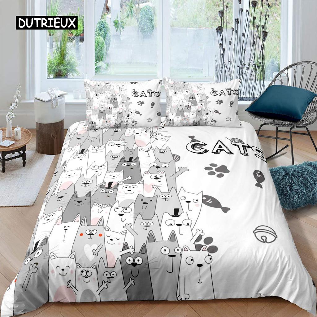 Conjunto de capa de edredom de gato com desenho fofo de gato, conjunto de cama de solteiro para meninos e meninas, estampa de gato, tamanho queen, king, capa de edredom de poliéster