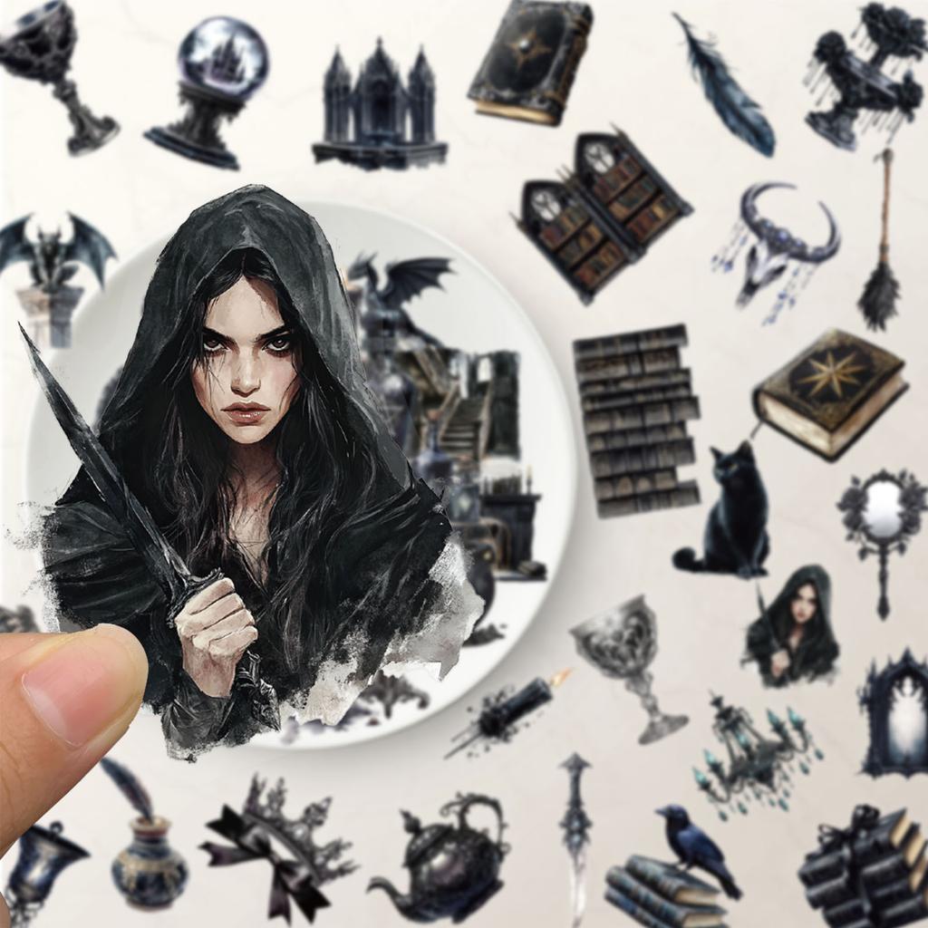 50 Pieces of Retro Dark Magic Witch PET Stickers, Transparent Waterproof Notebook Material Creative Stickers