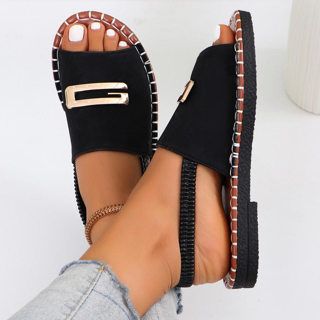 Women's European & American Flat Sandals with Elastic Fabric Band and Metal Accents, Plus Size, Beach-Ready.