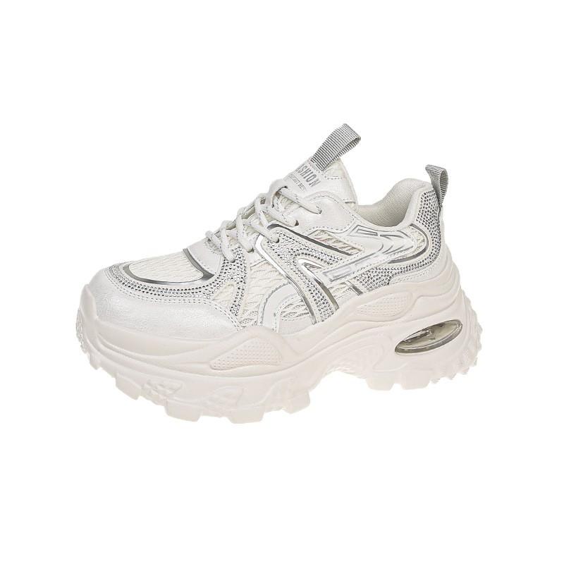 European station leather mesh platform dad shoes women 2025 new versatile round head lace-up casual sports shoes trendy shoes