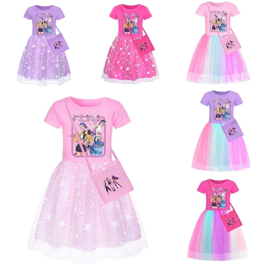 Kpop Demon Hunters Pattern Girl Dress With Cotton Fabric And Pleated Skirt For Kids Girls