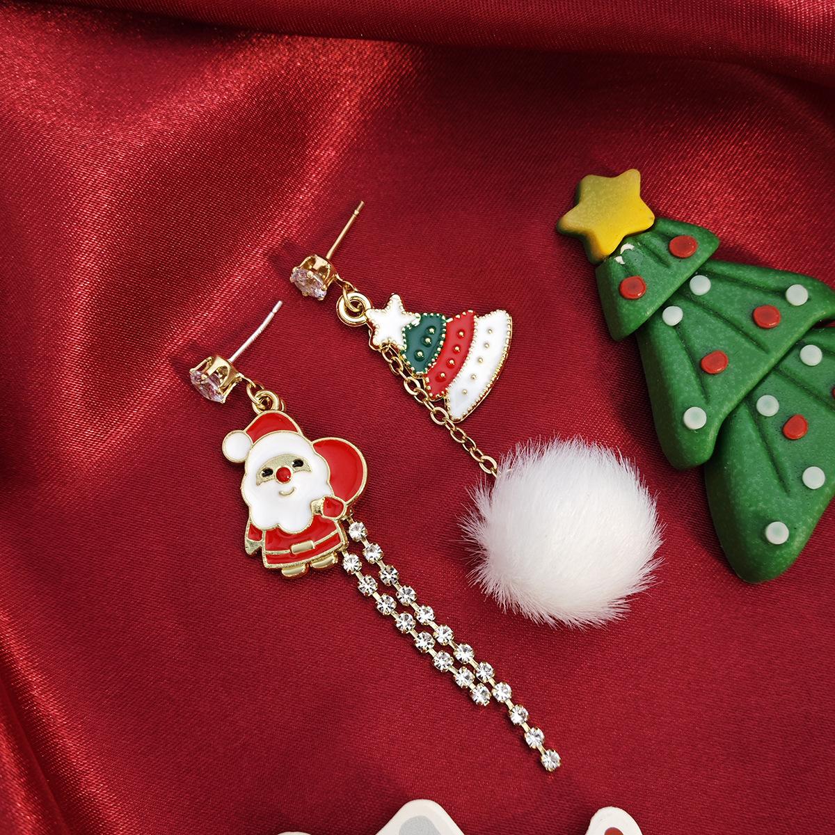 Fun Christmas Cartoon Diamond-Encrusted Elk Dripping Earrings Cute Snowman Asymmetric Hairball Pendant Earrings