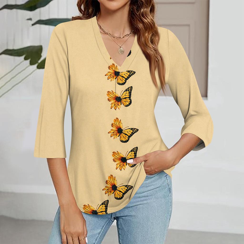 Modisches Oberteil mit V-Ausschnitt, Farbverlauf-Print und Dreiviertelärmeln für Damen