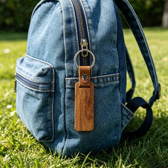 Keychain Pendant Polished Smooth Wood Key Ring with Faux Leather Wrap Lightweight Compact Design